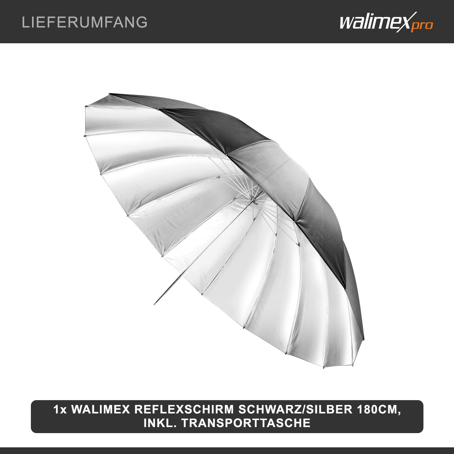 Ombrello reflex Ø 180 cm nero/argentato per luce dura, riflettore per fotografia di ritratto e di prodotto, sagomatore di luce per flash da studio, con montanti in fibra di carbonio