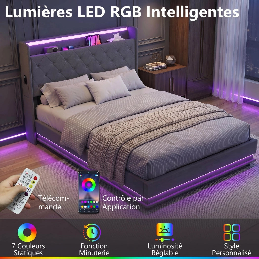 Letto contenitore imbottito con testiera e luce LED ¨C zephmum ¨C 140x190 cm grigio con contenitore idraulico