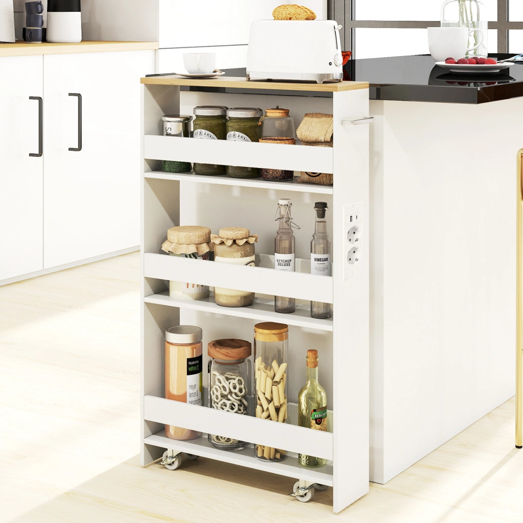 Carrello da cucina 4 ripiani con stazione di ricarica maniglia e parapetti-Scaffale stretto a sfilo con ruote bloccabili per cucina  Bianco e naturale