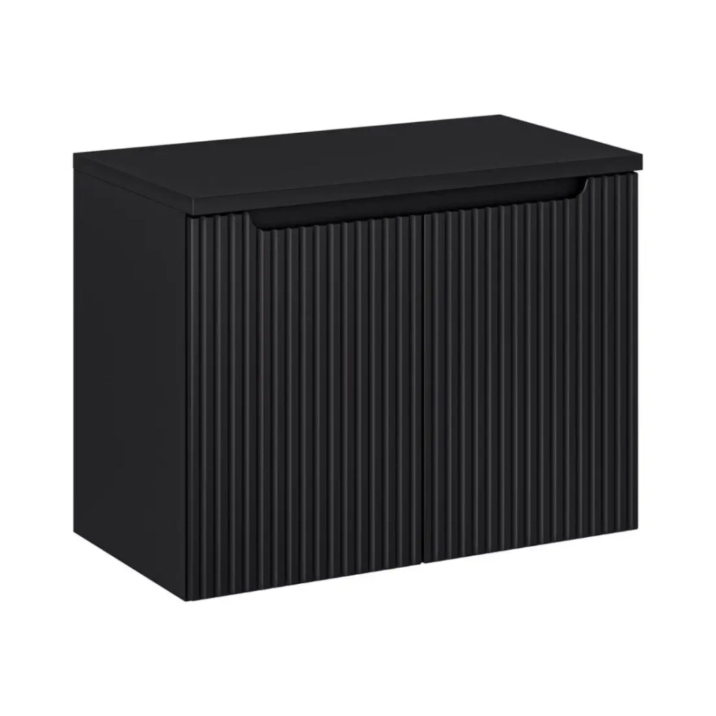 Set da bagno sospeso VANO 80cm: mobile sotto lavabo con armadietti a scanalature nero opaco + piano per lavabo nero opaco