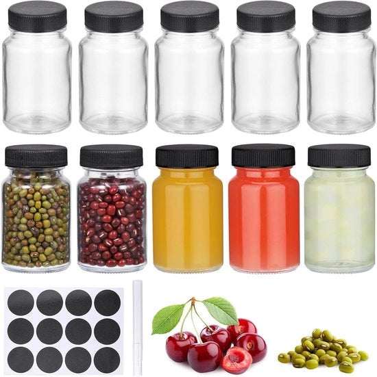 Set di 10 Bottiglie in Vetro per Shot con Coperchio 60ml con Etichette Mini Bottiglie per Ginger Shot per Oli Salse Latte (Coperchio Nero)