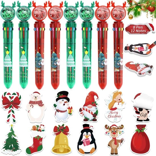 Set di 8 pennarelli multifunzione 10-in-1, 12 adesivi da notazione Kerstmis Pennarelli 0,5 mm colorati e cancellabili Regali di Natale piccoli Prodotti per ufficio per i colleghi Studenti Bambini divertenti