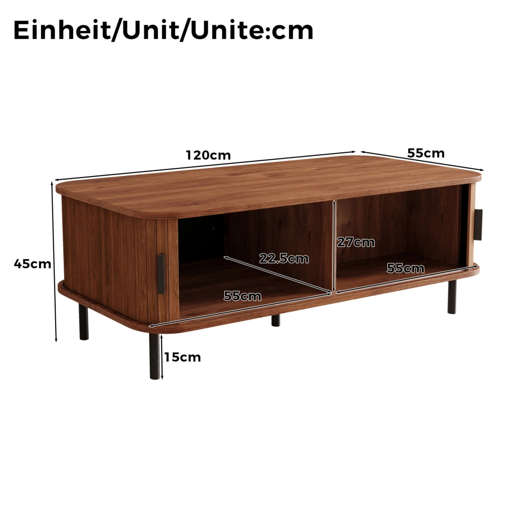Tavolino da salotto 120x55x45 cm con ante scorrevoli; vano contenitore; MDF e pannello truciolare; noce