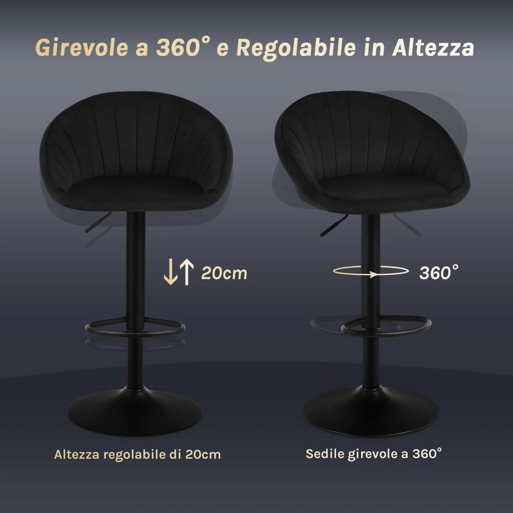 Sgabello da Cucina, Sgabello da Bar Girevole Altezza Regolabile con Schienale e Poggiapiedi, Velluto, Nero