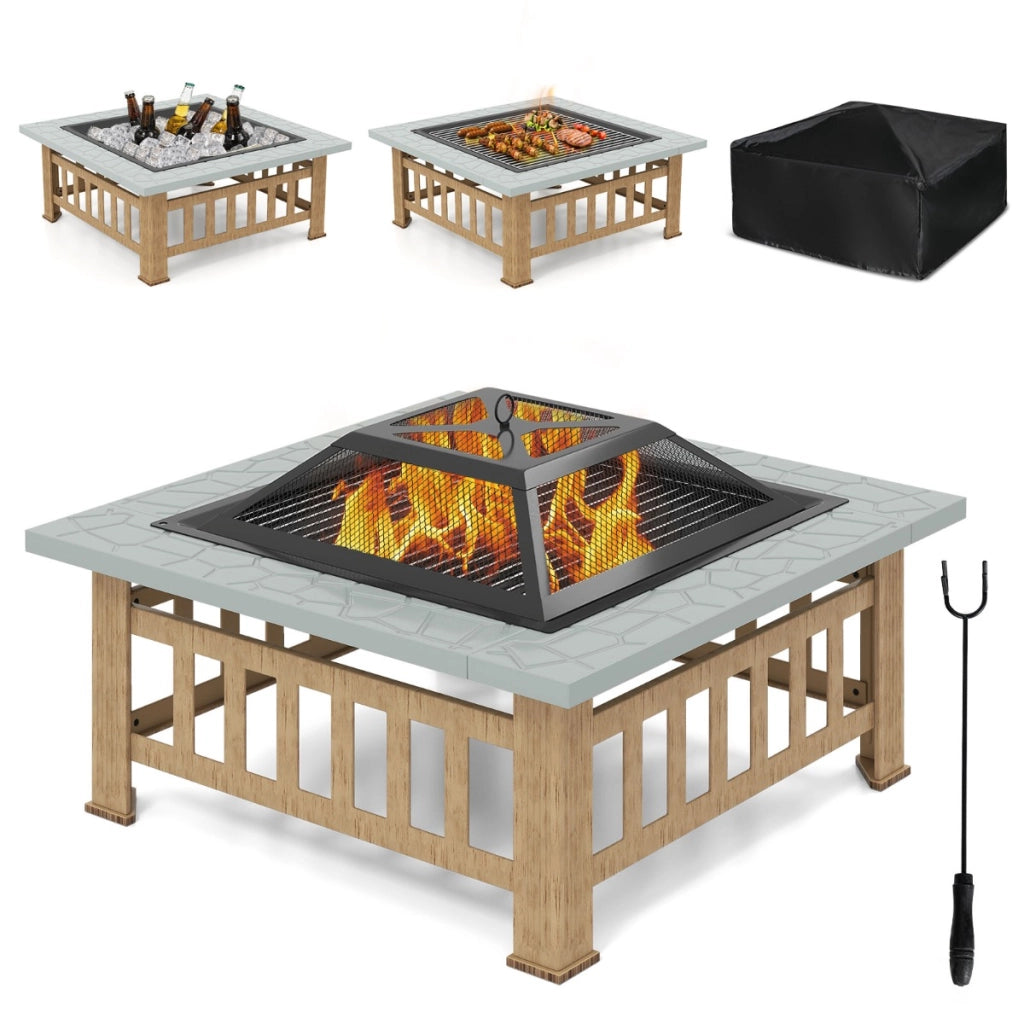 Tavolo braciere da esterno 81 cm per barbecue e picnic, Braciere quadrato di legno 3 in 1 con parascintille Nero e naturale-Bracieri da esterno