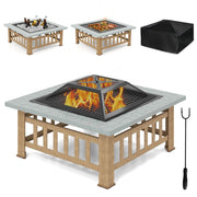 Tavolo braciere da esterno 81 cm per barbecue e picnic, Braciere quadrato di legno 3 in 1 con parascintille Nero e naturale-Bracieri da esterno