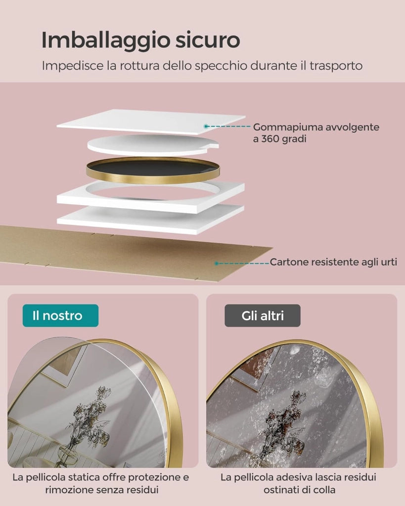 SONGMICS Specchio da Parete Rotondo, 61 cm, Specchio da Bagno, Cornice in Metallo, Facile da Montare, Specchio Moderno per Soggiorno Camera da Letto Ingresso, Oro Metallico LWM102A01