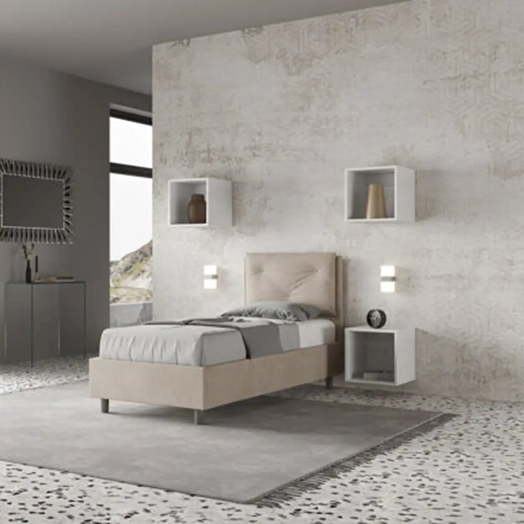 Letto singolo contenitore imbottito 80x190 microfibra sabbia Appia