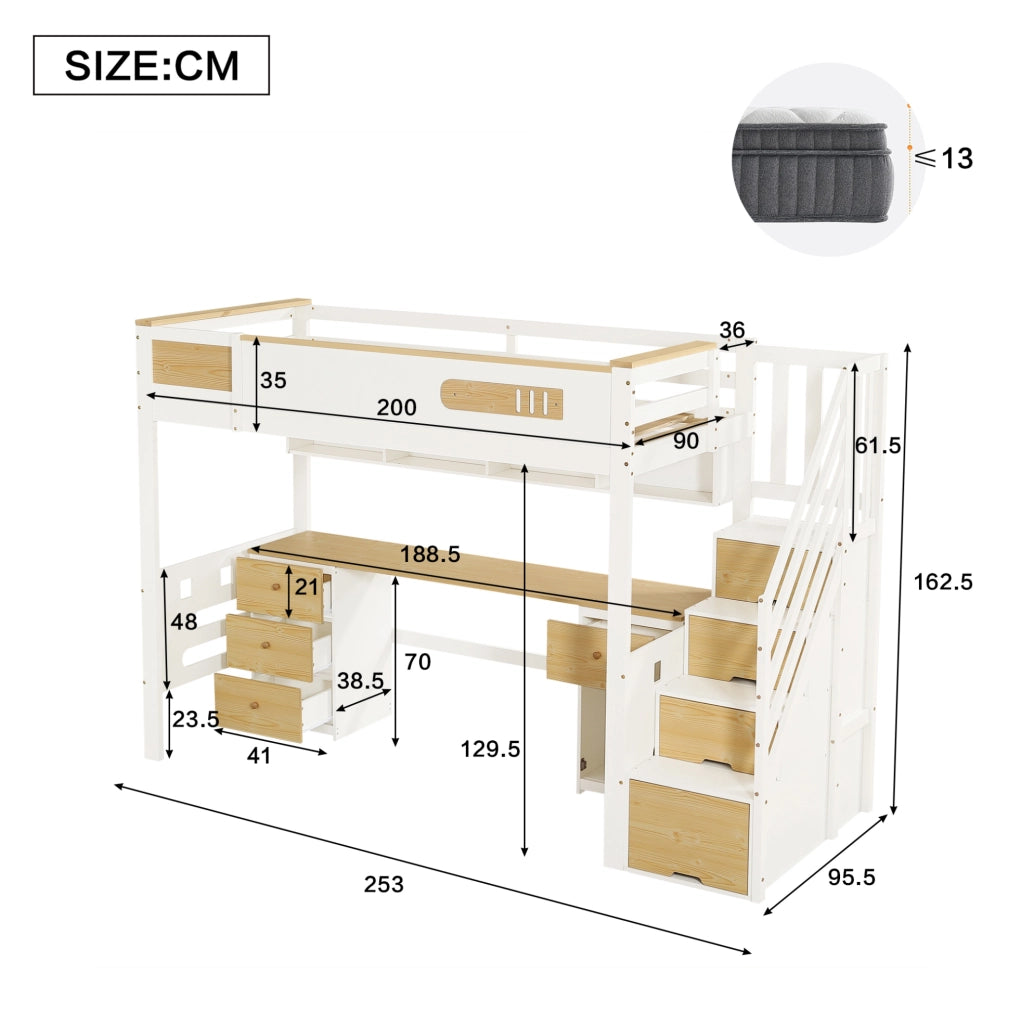 Letto a soppalco 90x200 cm con scrivania e scala contenitore