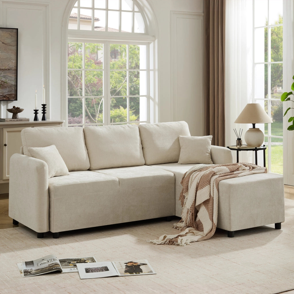 Divano angolare 3 posti in ciniglia con seduta relax e cuscini inclusi struttura in legno beige chiaro compatto