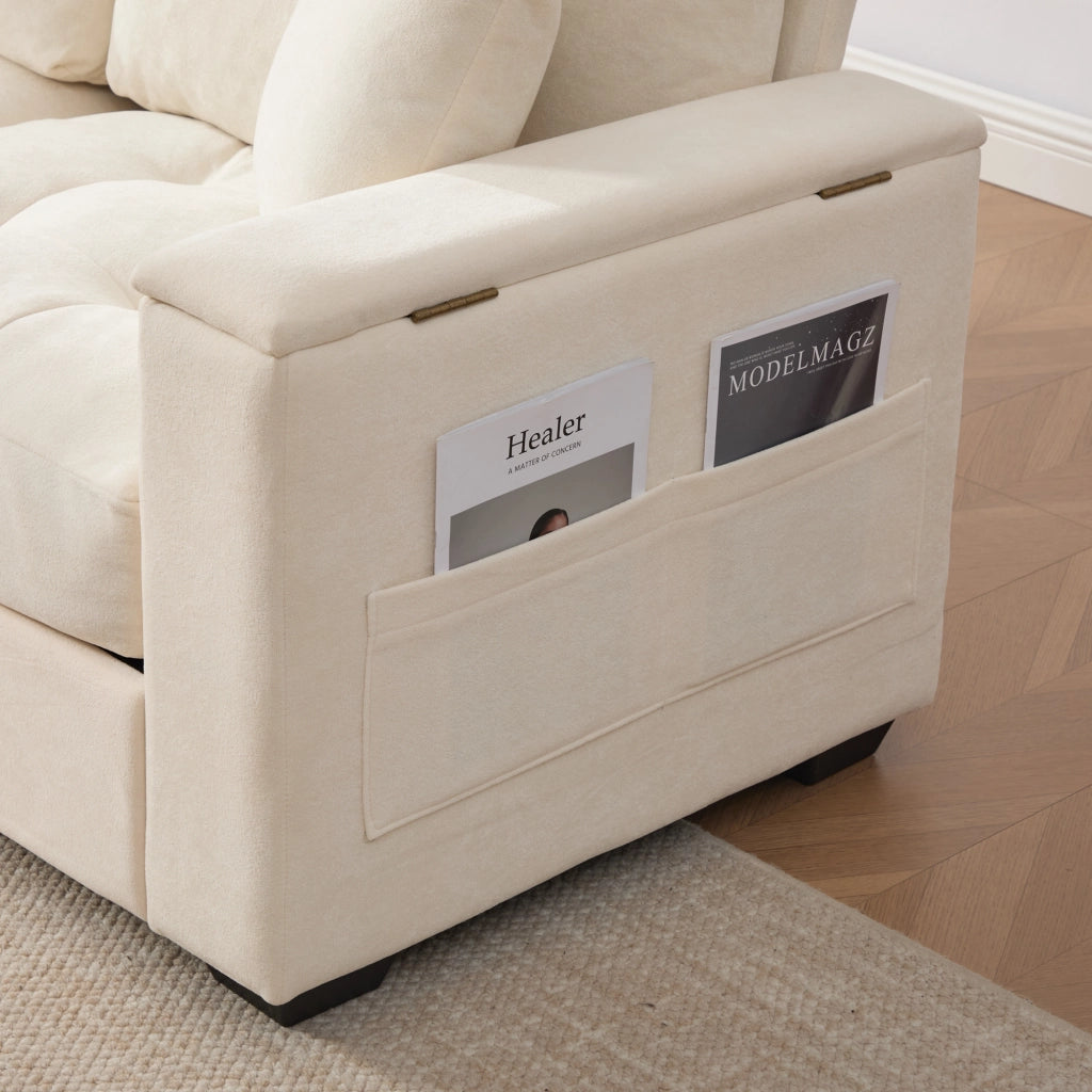Divano dritto 2 posti con vano portaoggetti nei braccioli e tasche laterali, in Chenille, Beige