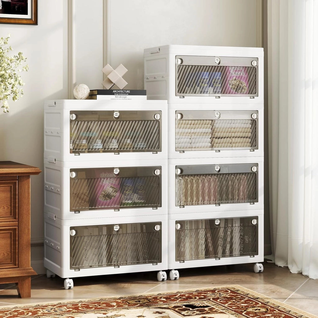 Scatole portaoggetti in plastica da 126 l, contenitori impilabili a 3 livelli con ruote, coperchio, organizer pieghevole per soggiorno, camera da letto, ufficio, dormitorio