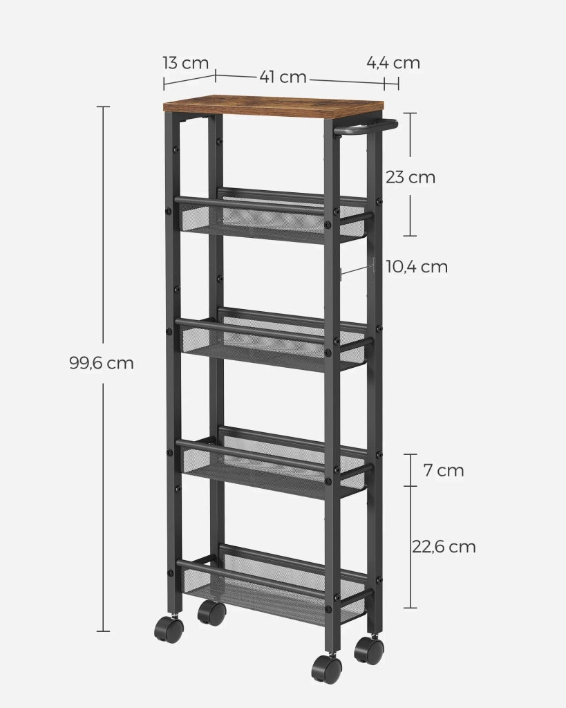 Carrello di servizio ripiano portaoggetti mobile design sottile ruote girevoli a 360° struttura in metallo per cucina soggiorno ufficio marrone rustico e nero 12_0005289