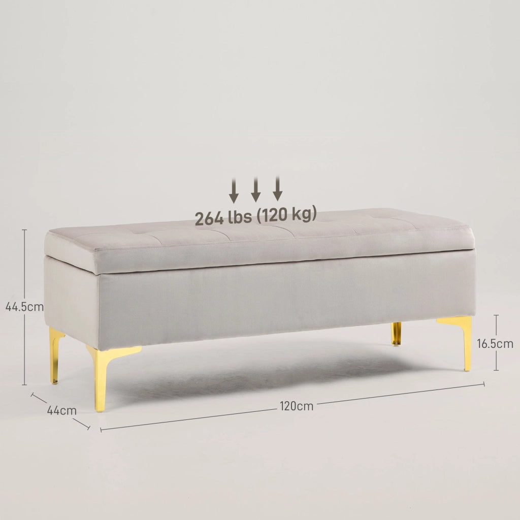 Panca Contenitore Fondo Letto 120x44x44,5cm con Tessuto Vellutato e Gambe Dorate Grigio Chiaro