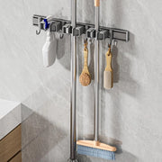 Sostegno per Scopa Fissione Libera, Sostegno per Scopa con 4 Alloggiamenti e 5 Ganci Sostegno per Parete Mobili per Scopa Autoadesivo in Alluminio per Cucina, Bagno, Garage e Giardino Grigio