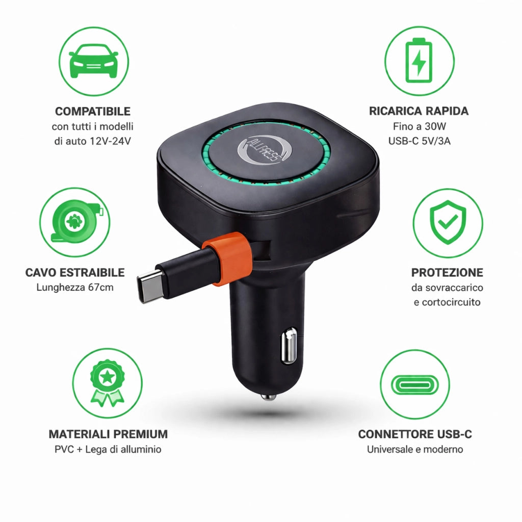 CARICABATTERIE AUTO USB TYPE-C 3.1A CAVO RETRATTILE 67CM 12V 24V RICARICA RAPIDA