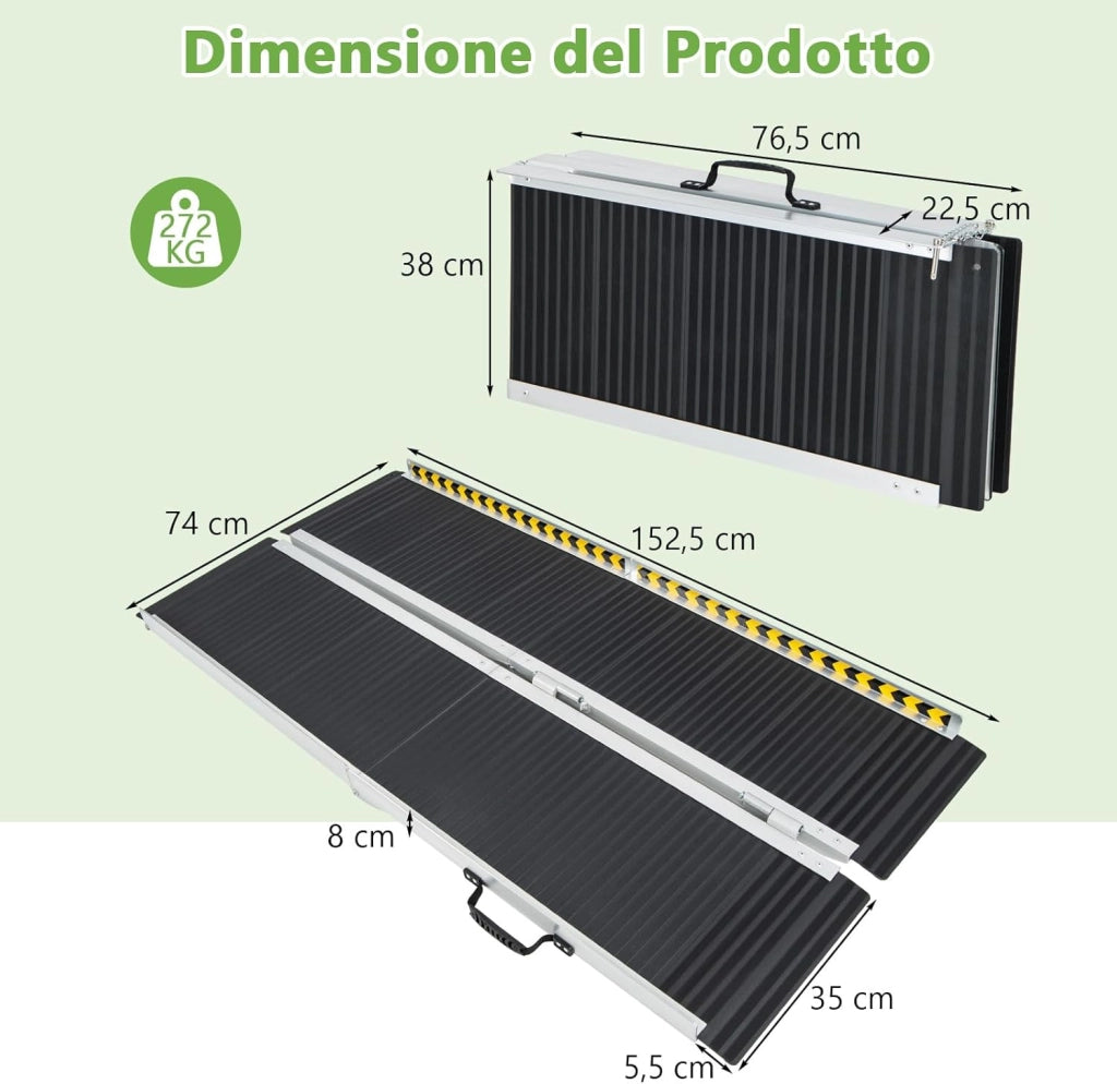 Set di 2 Rampa per Sedie a Rotelle in Alluminio, Rampa Telescopica Pieghevole con Superficie Antiscivolo, Capacità di Carico di 272 kg, per Soglie, Gradini, Scale (152,5 x 74cm)