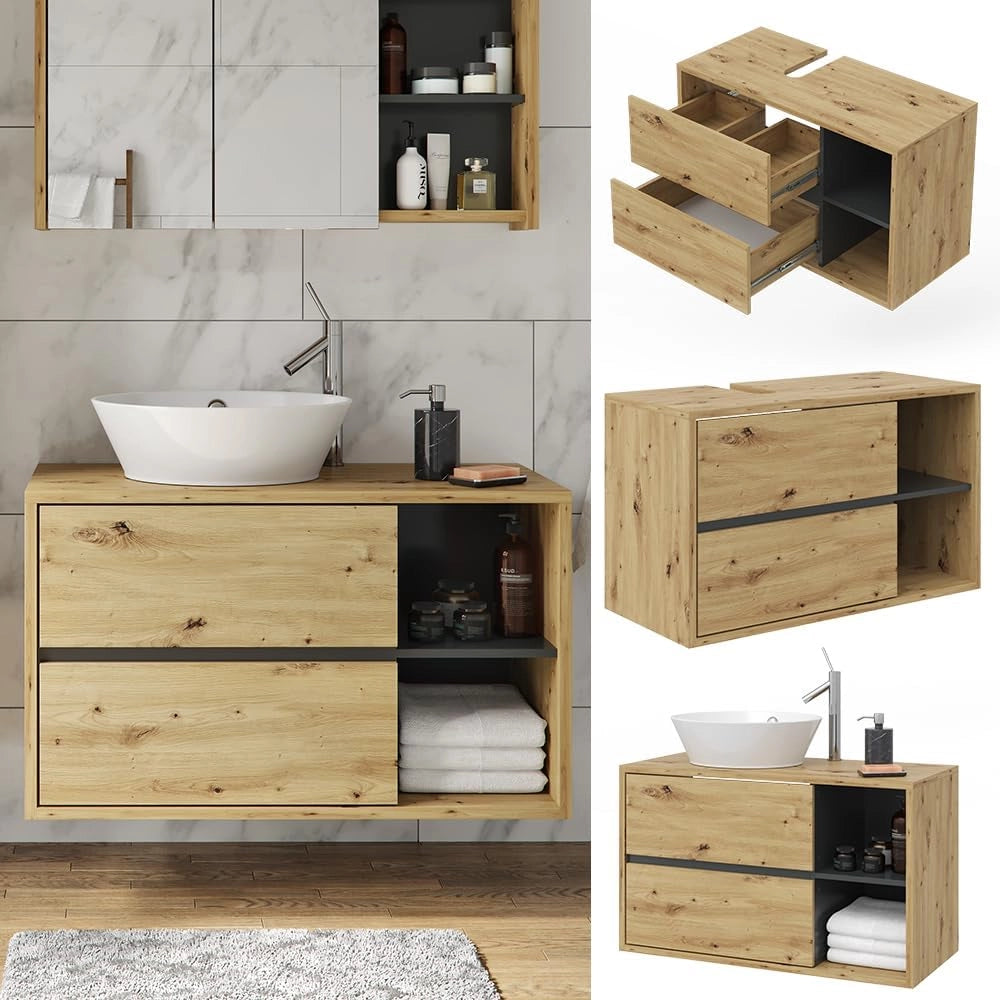 Mobiletto per lavabo Viola, Rovere artigianale, 100 x 60 cm, con intaglio per sifone e ripiani aperti per montaggio a parete
