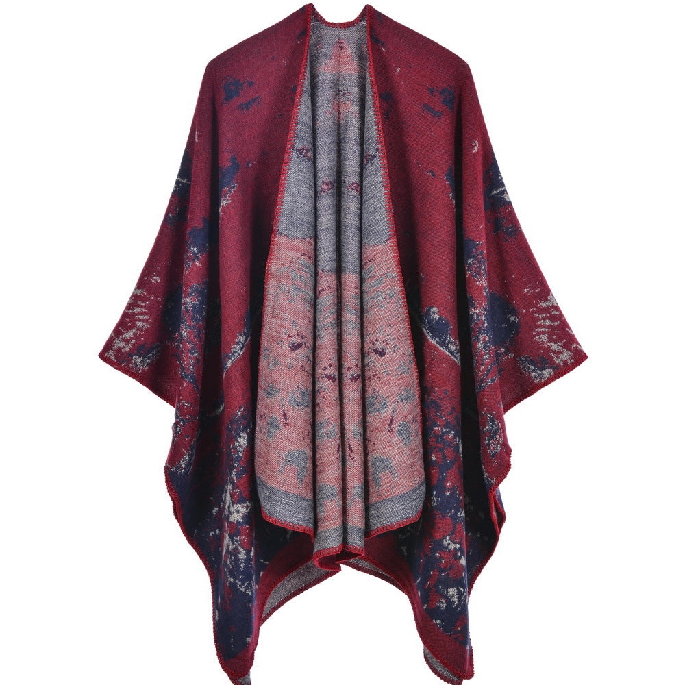 Nuovo scialle/mantella in jacquard di cashmere alla moda con spacchi, spesso e ampio, da donna.