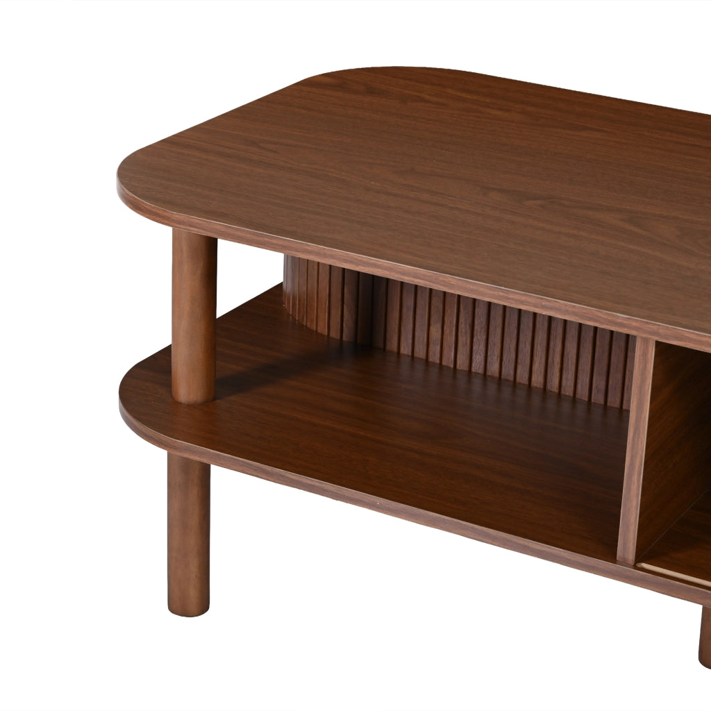 Tavolino, in MDF, con ante scorrevoli e ripiani a vista, 110 x 55 x 45 cm, color noce