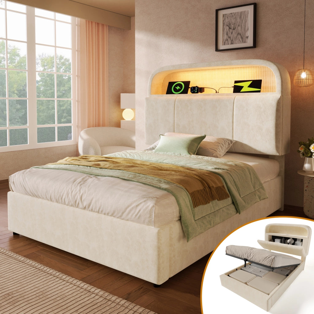 Letto imbottito 90x200 cm con testiera contenitore; LED; USB/Type-C; velluto beige