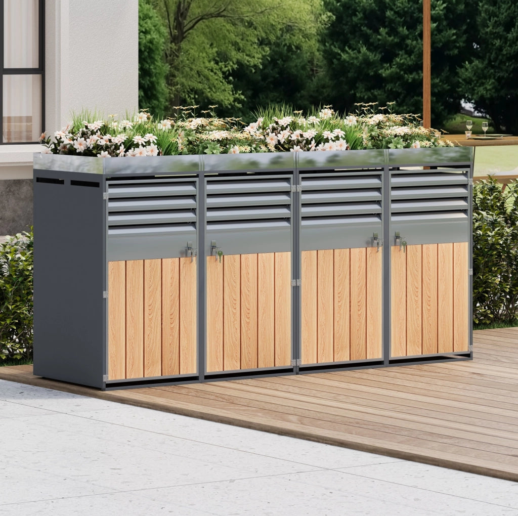Mülltonnenschrank con fioriera integrata; 4 scomparti; acciaio zincato grigio e effetto legno