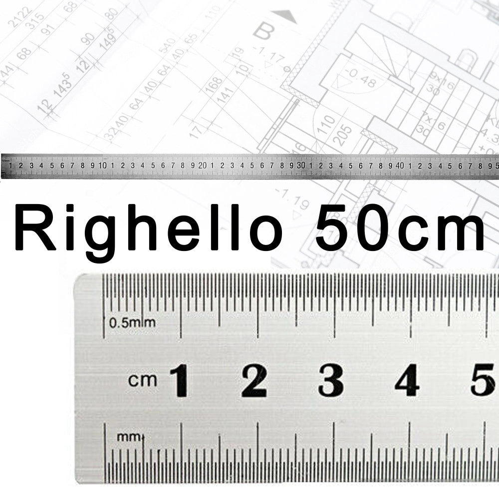 Trade Shop - Righello Metro 1mm A 50cm Metallo Acciaio Riga Multifunzione Segnatura Cm E Inch -