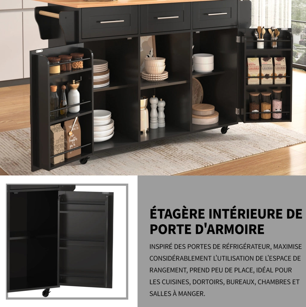 Carrello da cucina multifunzionale con piano ribaltabile 139x46(71)x91;5 cm; nero e naturale