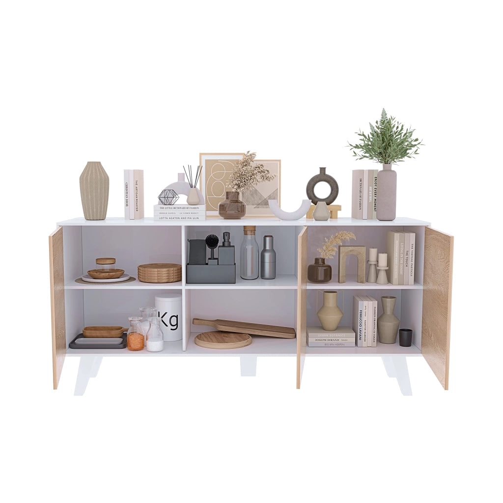 Mobiletto Credenza Da Soggiorno Con 3 Ante Ideale Per Salotto Ingresso E Sala Da Pranzo 154 X 41 X 75 Cm Bianco Lucido Rovere Chiaro