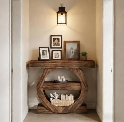 Tavolo consolle rustico 105x30x85 cm con 3 ripiani aperti; legno marrone rustico
