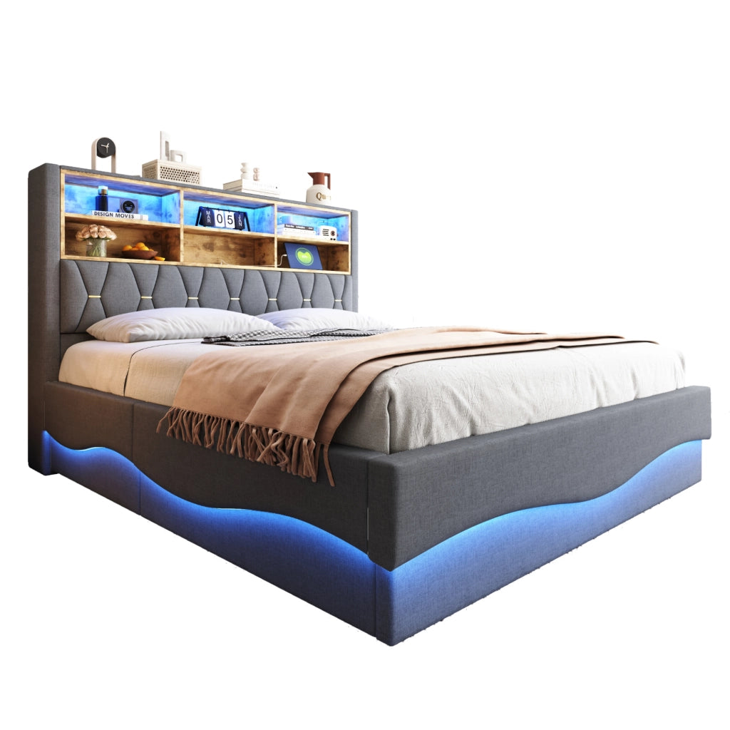 OKWISH Letto Contenitore 180×200 cm, Letto Matrimoniale con LED Regolabile, USB e Vano Contenitore, senza Materasso, in Metallo, Grigio