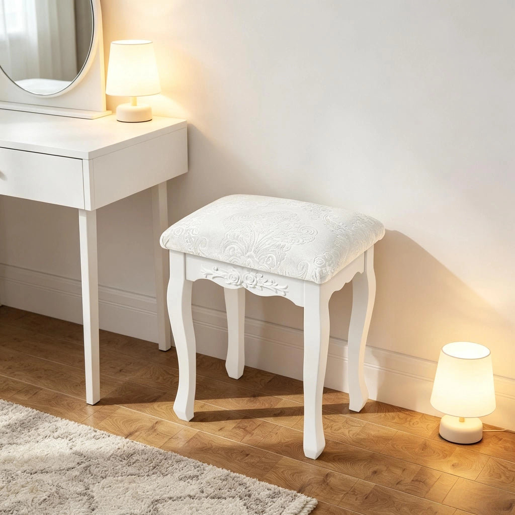 Pouf da toeletta vintage con seduta imbottita, piedini antiscivolo e montaggio facile in MDF e plastica, bianco crema