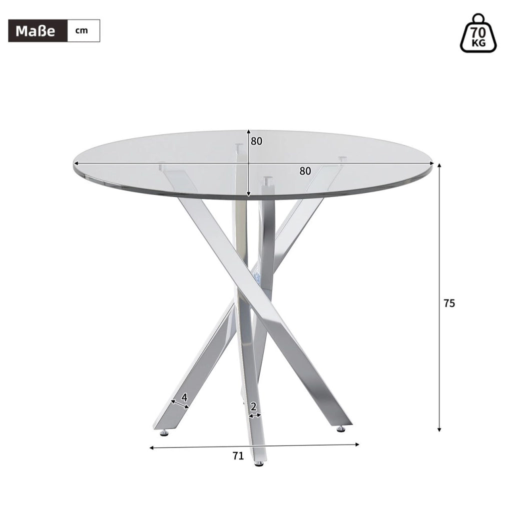 Tavolo da pranzo 80x80x75 cm con piano in vetro temperato e gambe in metallo; argento