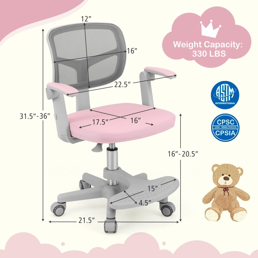 Sedia da scrivania per bambini rosa, sedia da studio ergonomica regolabile in altezza con braccioli e poggiapiedi