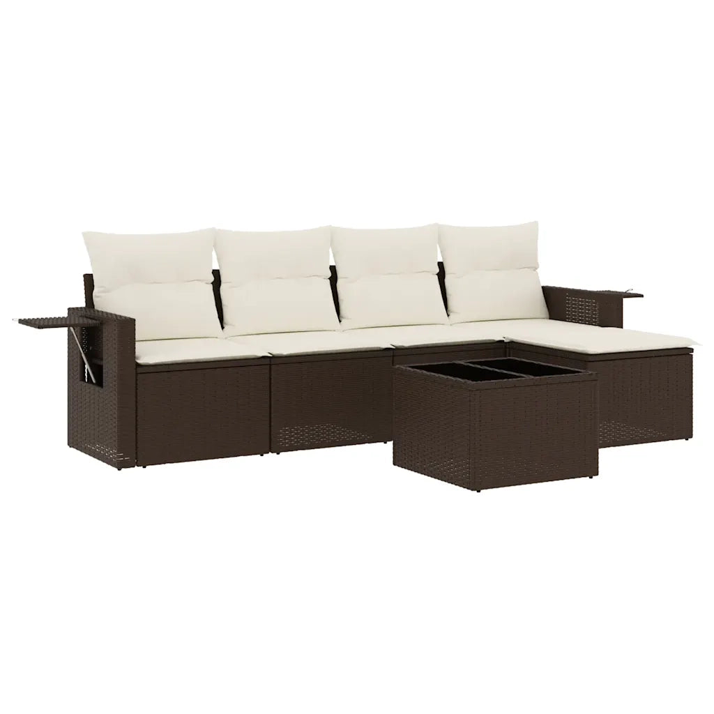 Set Divano da Giardino 6 pz | Set Salotto da Giardino con Cuscini Marrone in Polyrattan