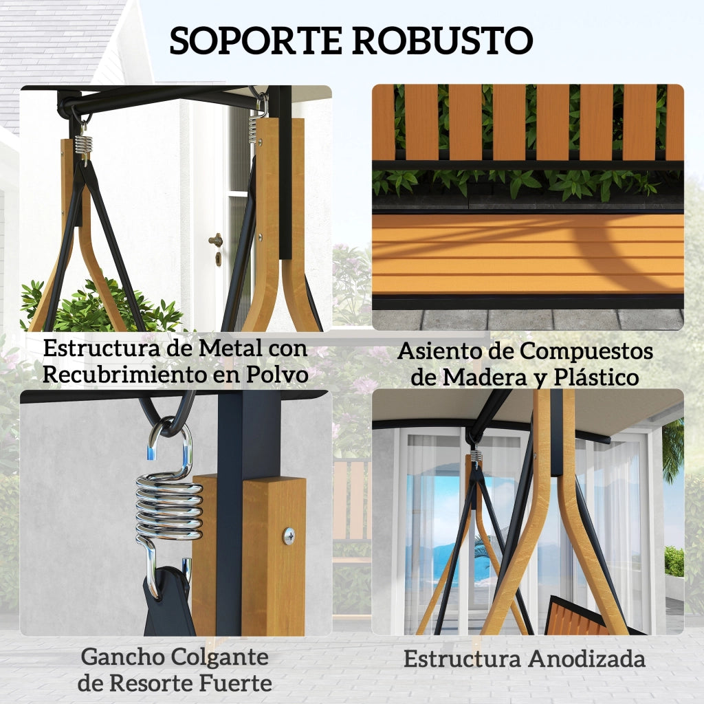 Sedia a dondolo da giardino 2 posti ¨C zephmum ¨C struttura in metallo, legno naturale, beige, 142x112x162 cm