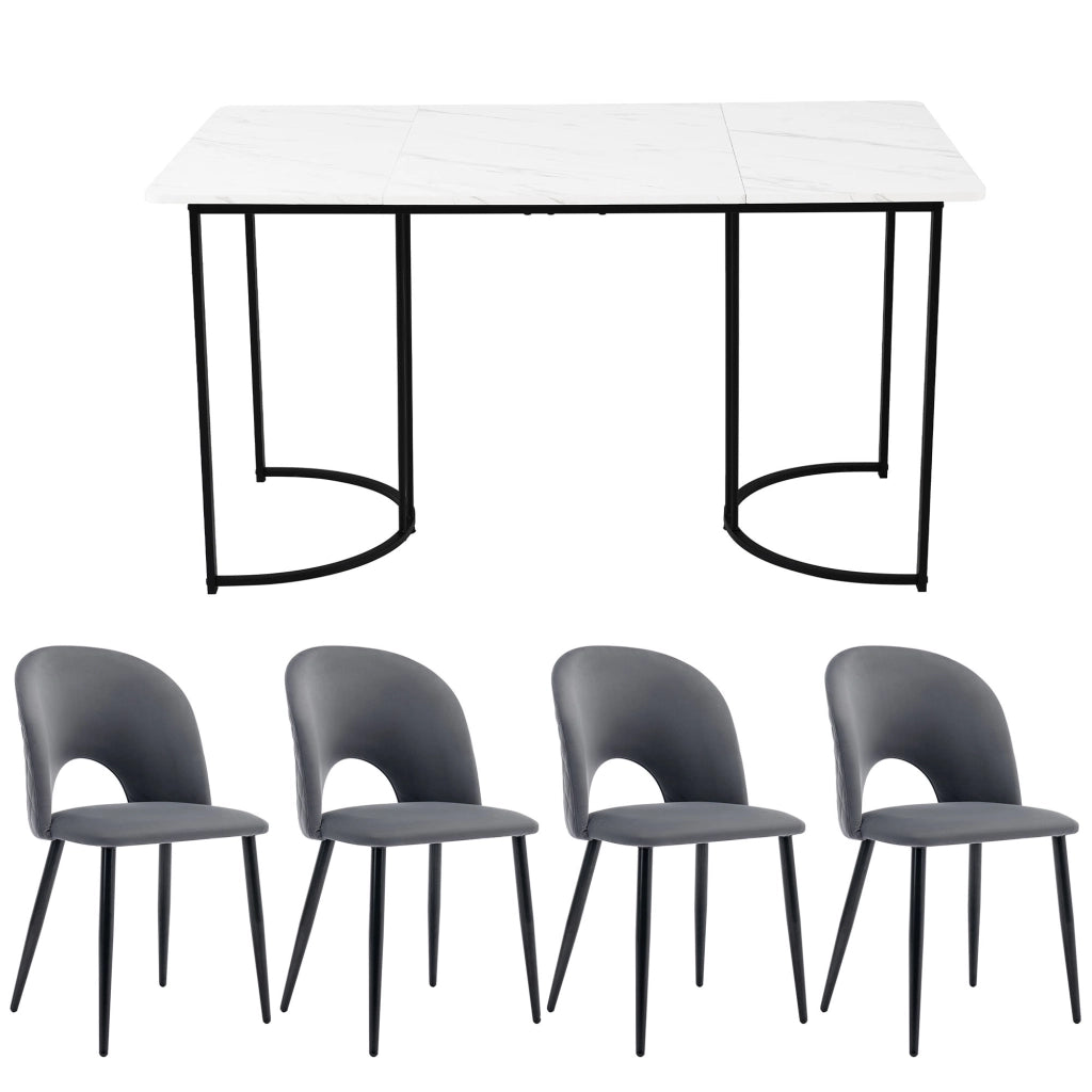 Set Tavolo da Pranzo con 4 Sedie in Velluto ¨C Xylo ¨C Piano MDF Bianco, Gambe Nere, Grigio, 140x80 cm