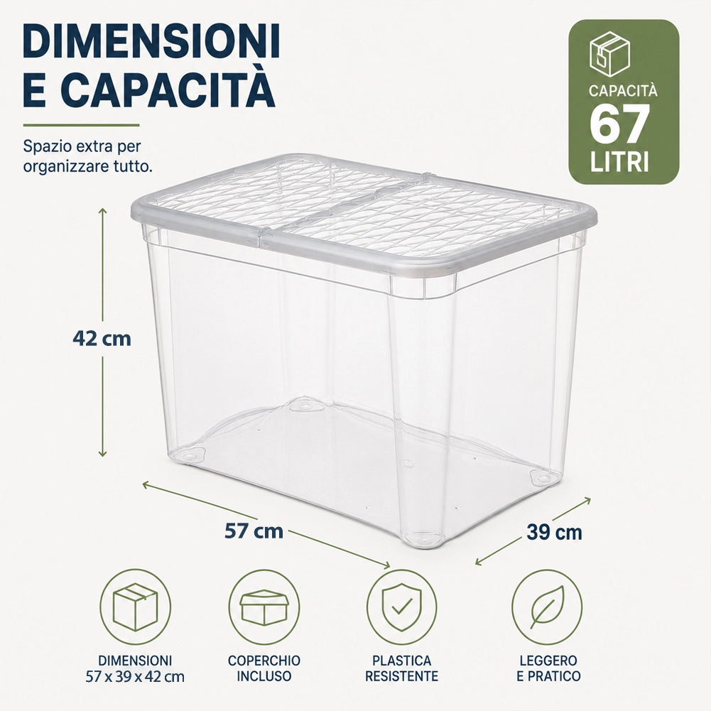 4 Pezzi Storage Box Marea Contenitori Trasparenti Plastica 67L x 4Pz 57x39x42cm