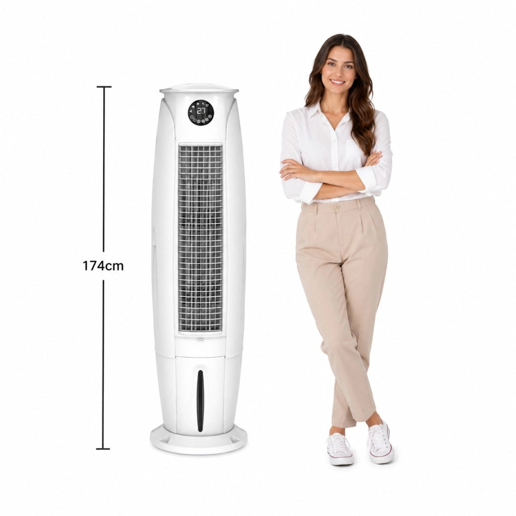 Raffrescatore Evaporativo ad Acqua 5000 m³/h, Serbatoio 40L con Vano Ghiaccio, Telecomando e Timer, Ventilatore Centrifugo 350W, Oscillazione Automatica Destra/Sinistra e Alto/Basso, Modalità Notte Silenziosa