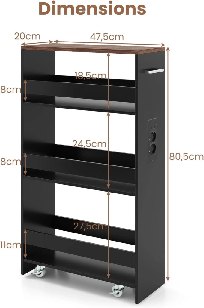 Carrello Portaoggetti a 4 Ripiani con Ruote Rirevoli a 360°, Carrellino Scorrevole con Maniglia Slim, da Bagno, Cucina, Lavanderia, 47,5 x 20 x 80,5 cm (Nero e Marrone, Con Presa)