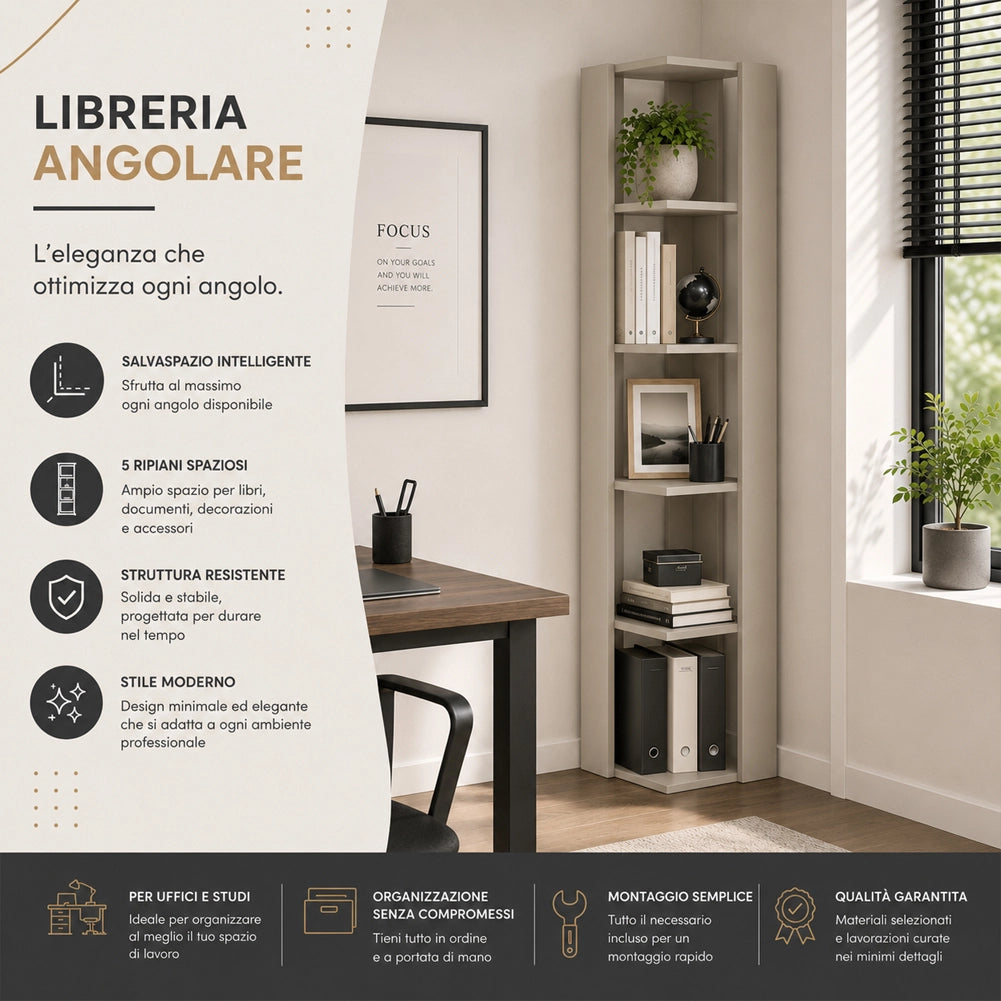 Libreria Angolare 5 Ripiani in Legno Sabbia Scaffale Salvaspazio 34x34x161cm