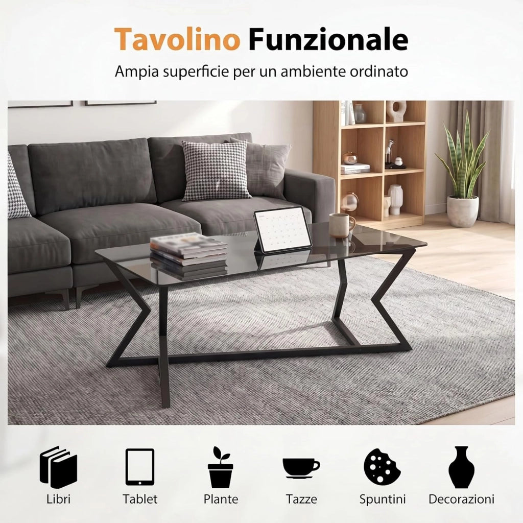 Tavolino in Vetro, Tavolo da Salotto Rettangolare Pieghevole con Struttura in Metallo Geometrico, Piedini Regolabili, Stile Moderno, Salvaspazio per Soggiorno, Ufficio, Camera, Portata 50 KG