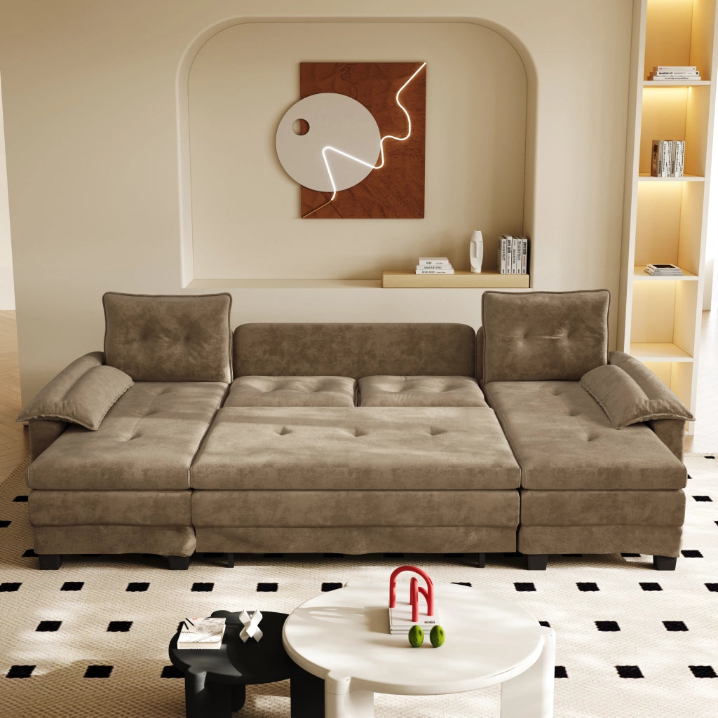 Divano modulare a U convertibile con USB, 4 cuscini, ciniglia khaki 278 × 127 × 87 cm