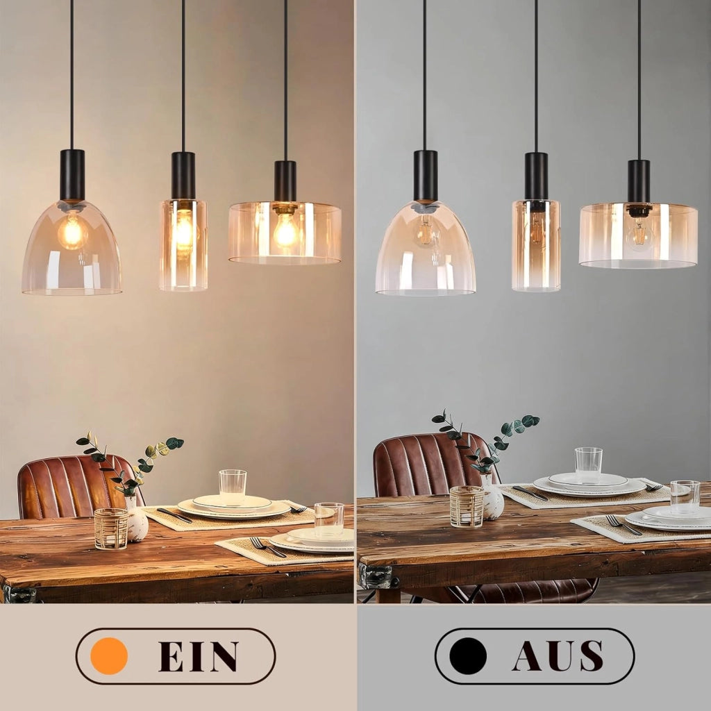 ZMH Lampada a Sospensione 3 Luci Vetro Ambra Industriale Altezza Regolabile per Soggiorno Sala da Pranzo Senza Lampadina