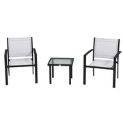 Set Tavolino con Piano in Vetro e 2 Sedie Impilabili da Giardino in Acciaio e Tessuto Grigio Chiaro