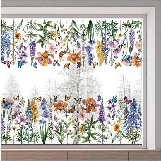 Sticker per finestra con fiori di primavera - grande - vintage - fiorellini e farfalle - film per vetro non adesivo - riutilizzabile - 116x38cm