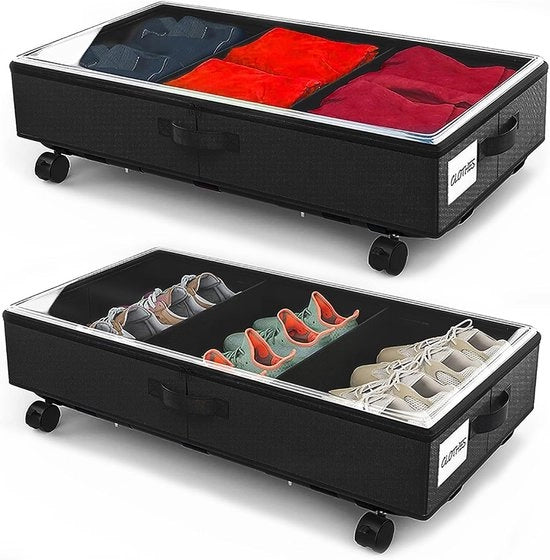 Set di 2 Cassetti di Stoccaggio con Ruote - Struttura in Metallo - Vetrino trasparente - Pieghevole - Cassetto di Stoccaggio per Sotto il Letto per Scarpe - Coperte - Giochi - Nero