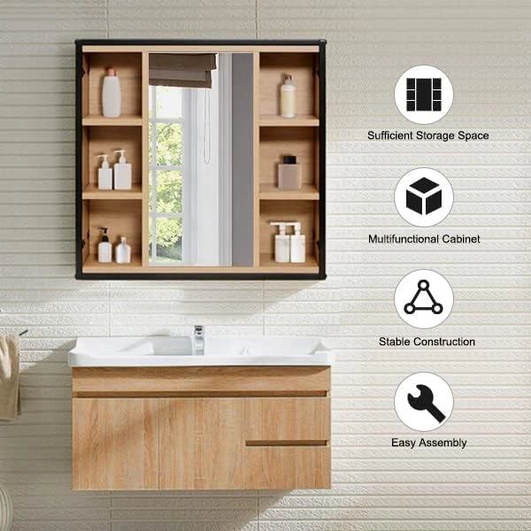 Mobile da Bagno Salvaspazio a 6 Scomparti Aperti, Pensile da Bagno Sospeso, Porta a Specchio, con Ripiani Regolabili Mobiletto, in Metallo e Truciolare 60x16x58cm