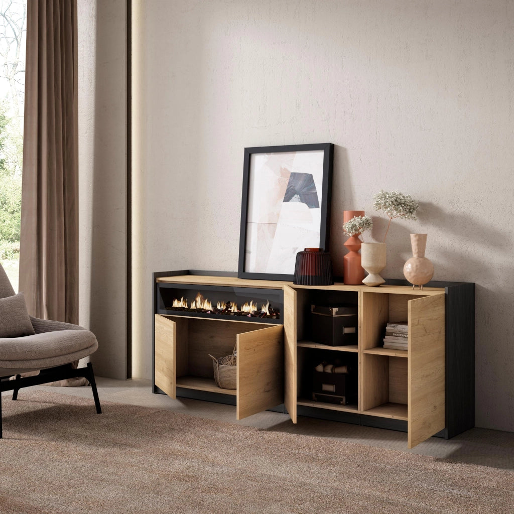 Credenza, Mobile, Cucina, 207x80x37 cm, 4 Porte, Camino elettrico, Rovere e nero
