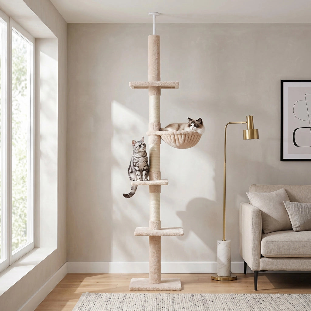 Albero Tiragraffi Multilivello a Soffitto con Amaca e Altezza Regolabile, 40x34x230-260cm, Beige